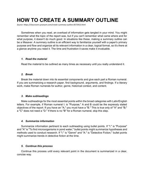 An outline or summary .